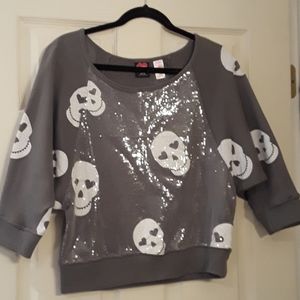 Hard Candy Grey Flannel Sequin Skull Sweatshirt M